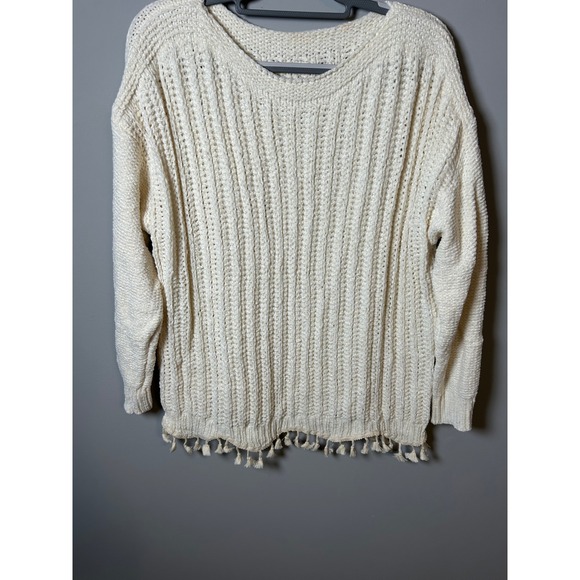 Sweaters - Cream White Chenille Ribbed Knit Tassel Fringe‎ Pullover Sweater XL